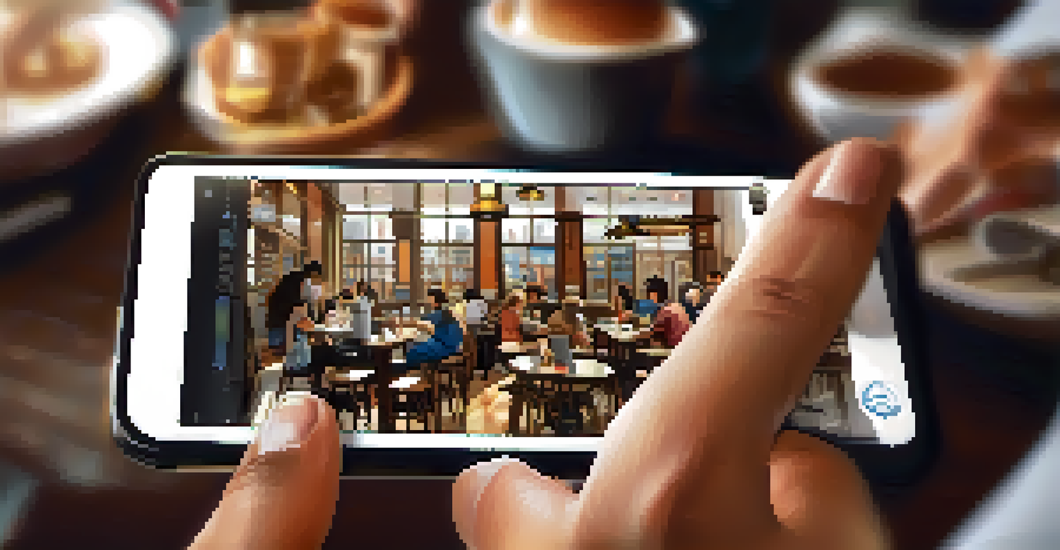 Close-up of hands holding a smartphone with an educational app in a café.