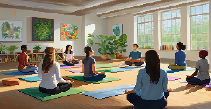 A diverse group of teachers meditating together in a bright, welcoming classroom, surrounded by plants and colorful artwork.
