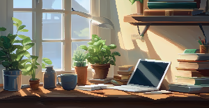 A warm and inviting home study area with books, a laptop, and coffee, illuminated by sunlight through a window.