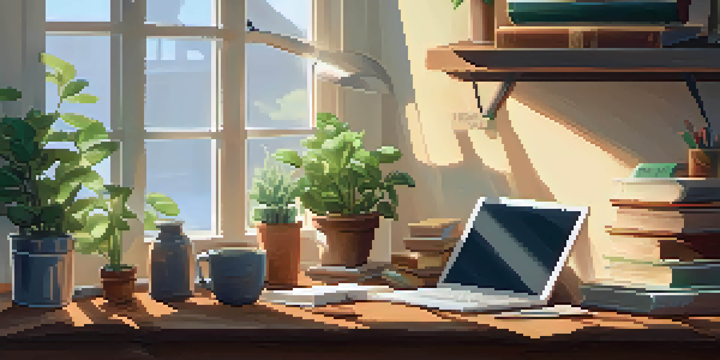 A warm and inviting home study area with books, a laptop, and coffee, illuminated by sunlight through a window.