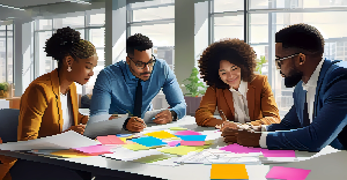 A diverse group of professionals brainstorming together in a modern office, with colorful sticky notes and laptops around a large table.