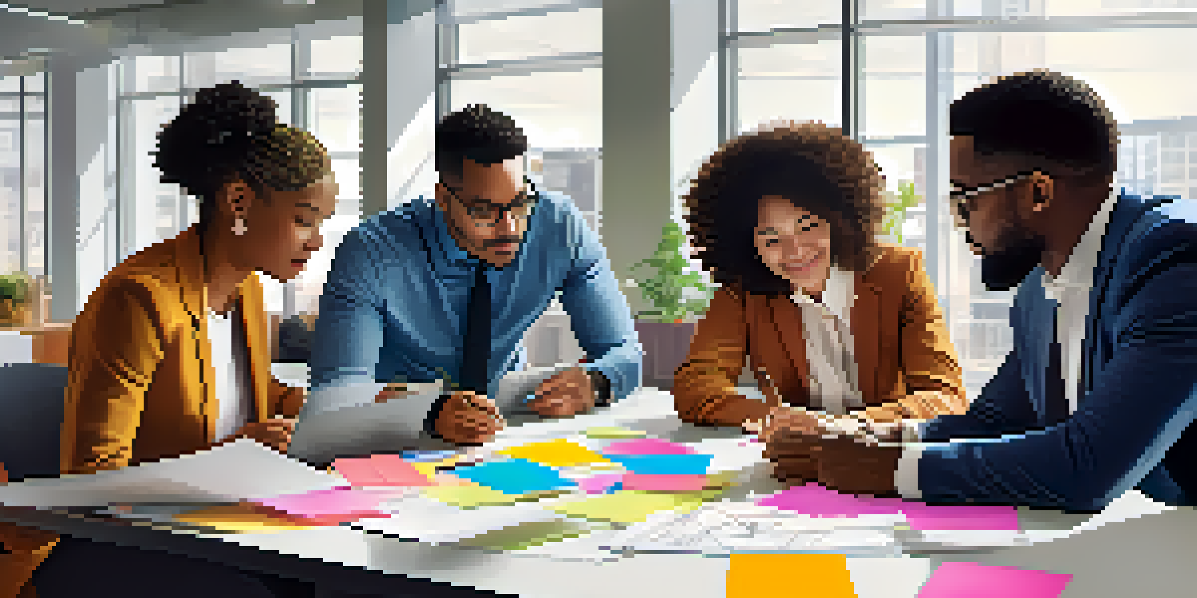 A diverse group of professionals brainstorming together in a modern office, with colorful sticky notes and laptops around a large table.