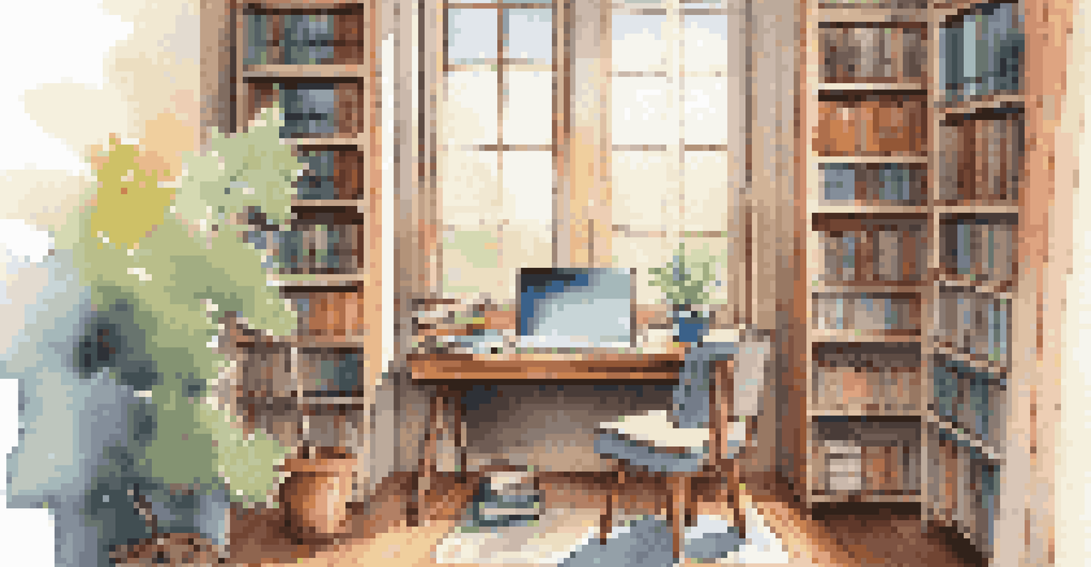 A cozy study area with a chair, laptop, and textbooks, illuminated by natural light from a nearby window.
