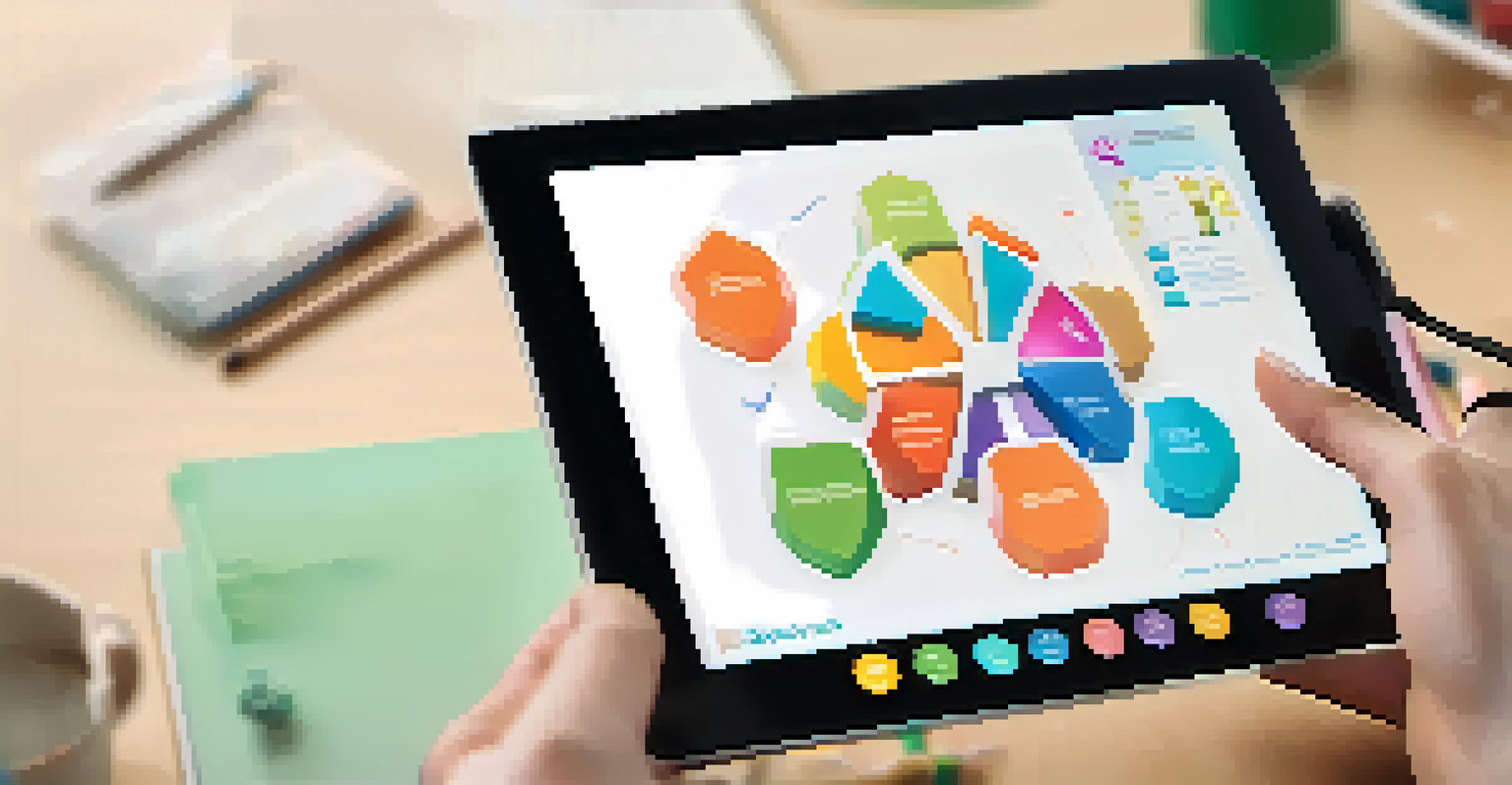 A close-up of hands holding a tablet showing a microlearning module with vibrant graphics.