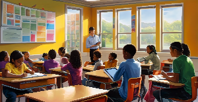 A vibrant classroom with students of different backgrounds using mobile devices for learning, while a teacher assists them in a bright and cheerful environment.