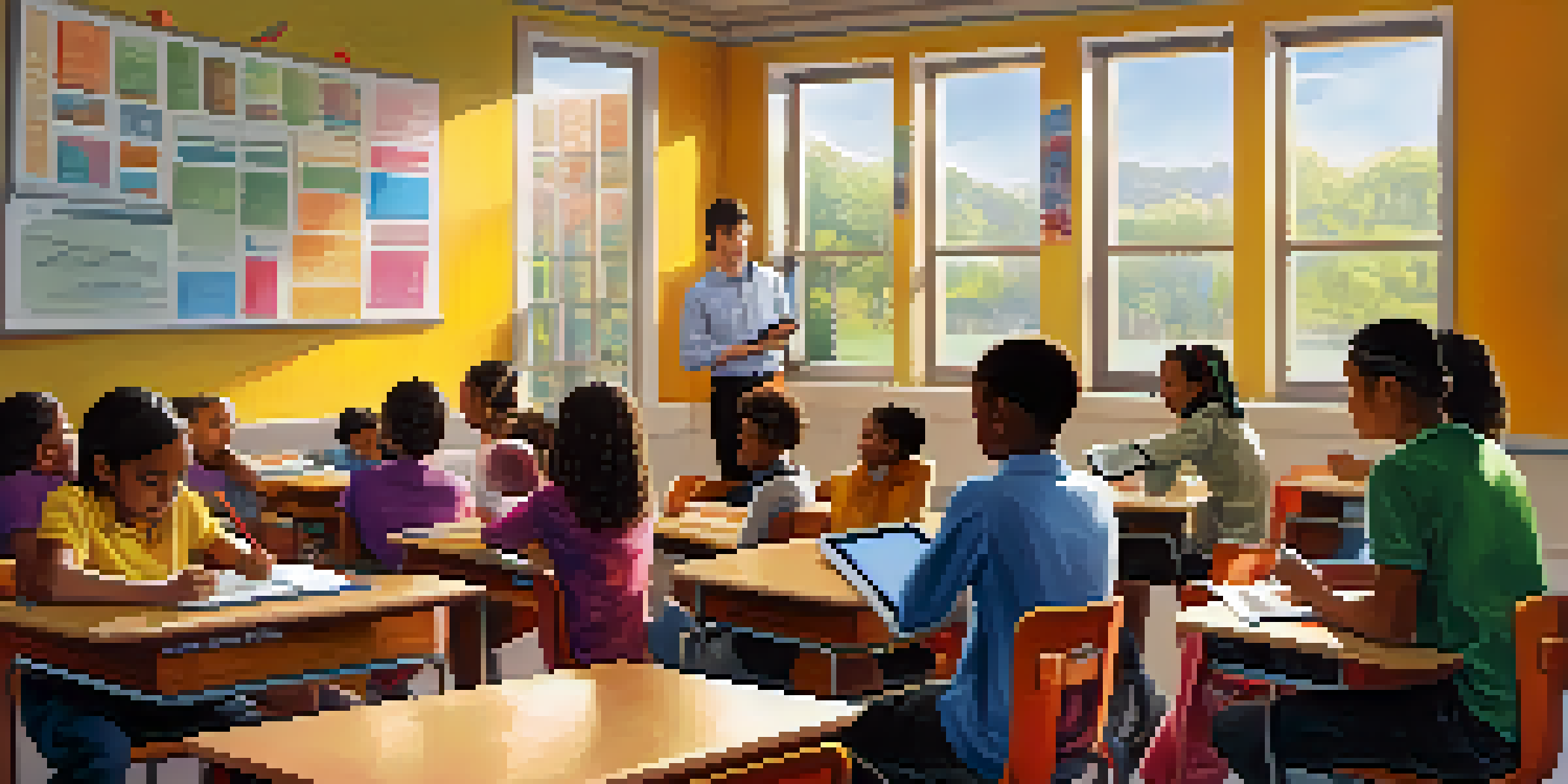 A vibrant classroom with students of different backgrounds using mobile devices for learning, while a teacher assists them in a bright and cheerful environment.