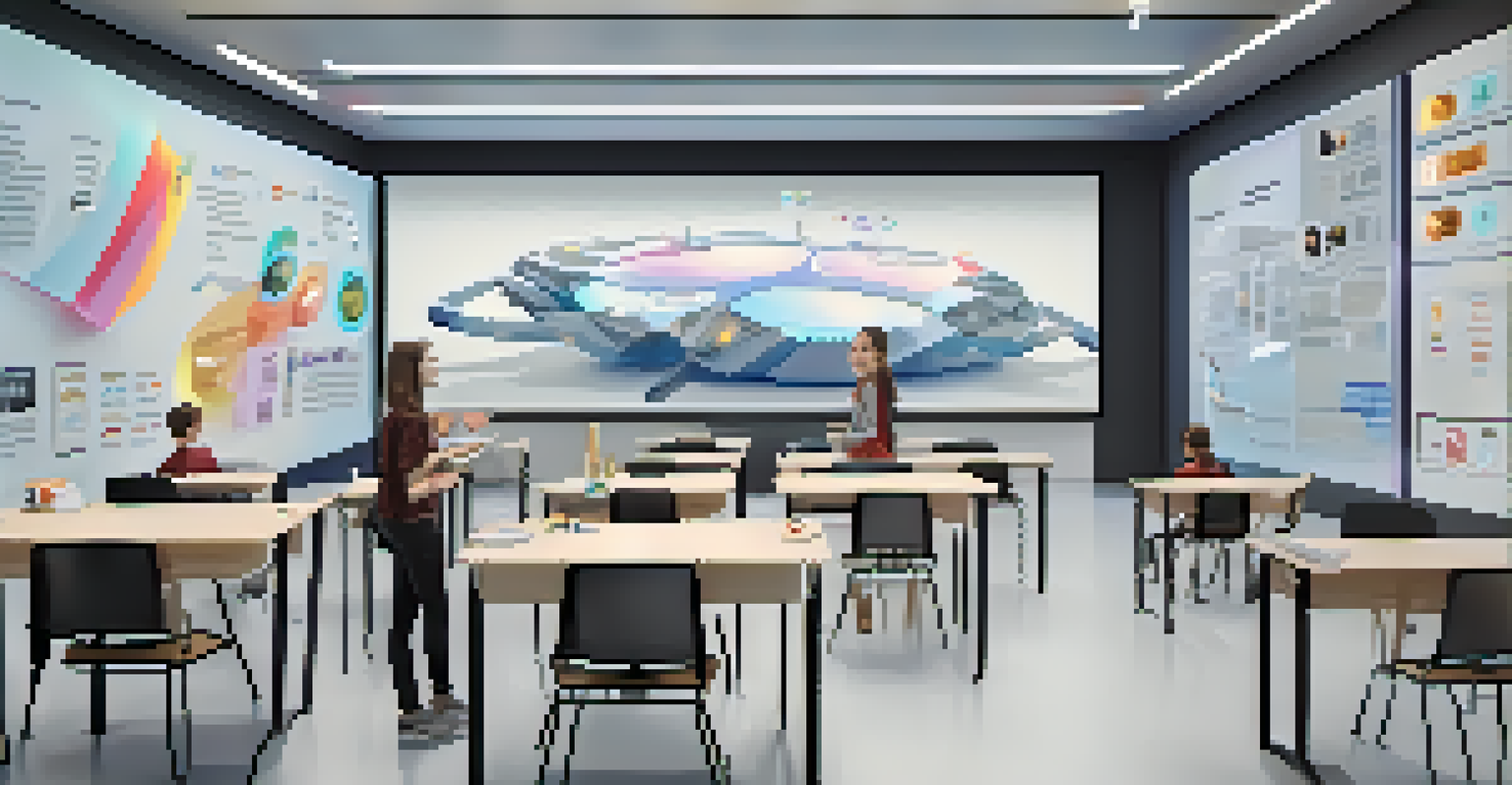 A futuristic classroom with students using augmented reality language models and AI translations in an interactive environment.