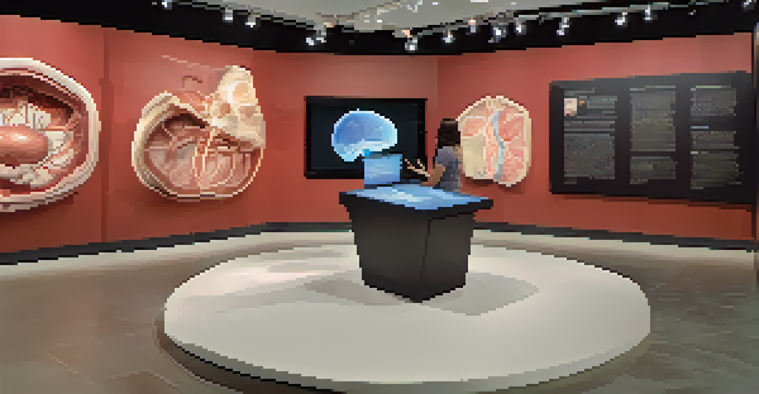 Visitors at a museum interacting with a 3D AR model of human anatomy, surrounded by informative displays and engaging visuals.
