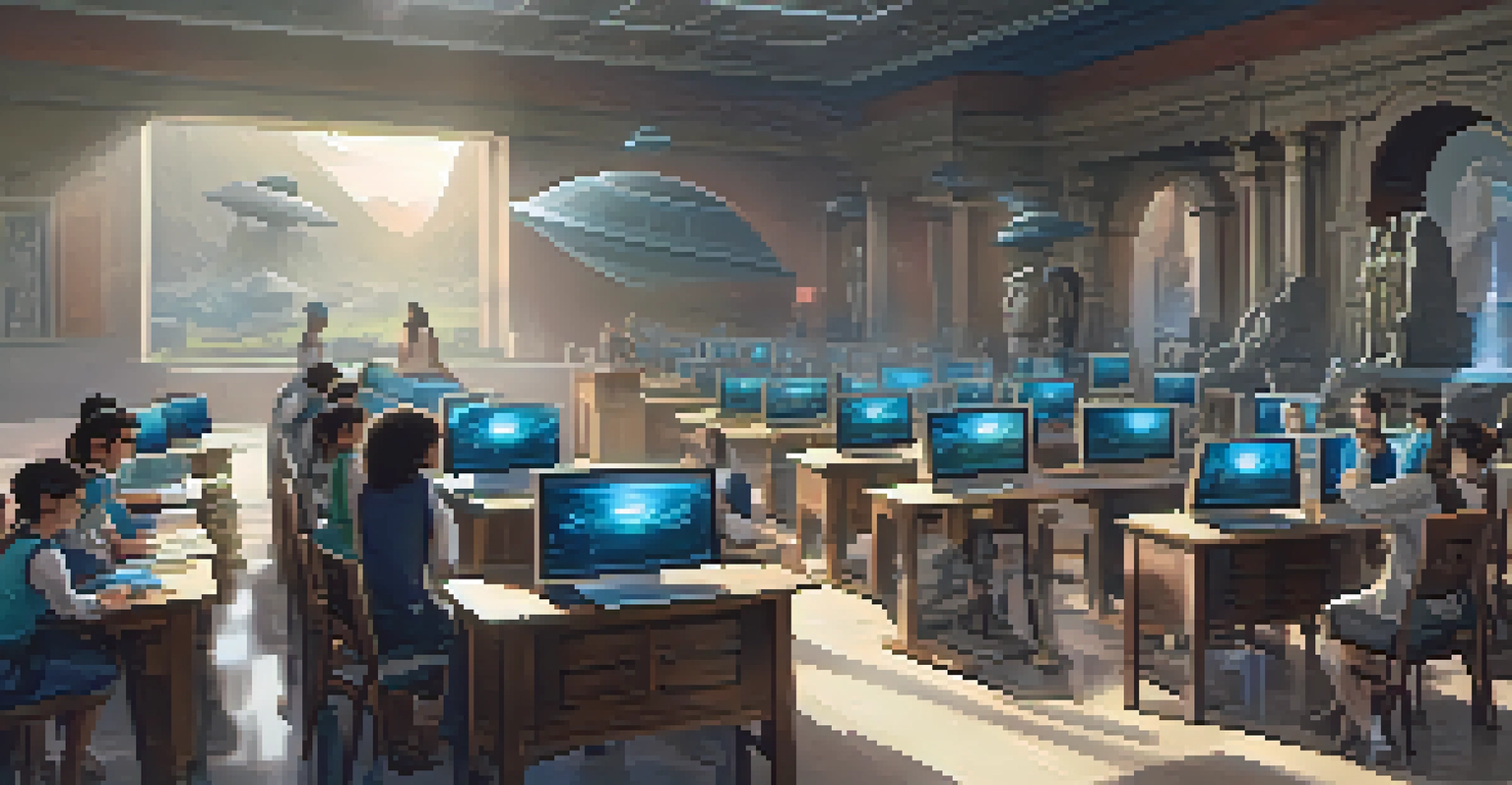 Students using VR headsets in a modern classroom, exploring an ancient civilization with a teacher's guidance.