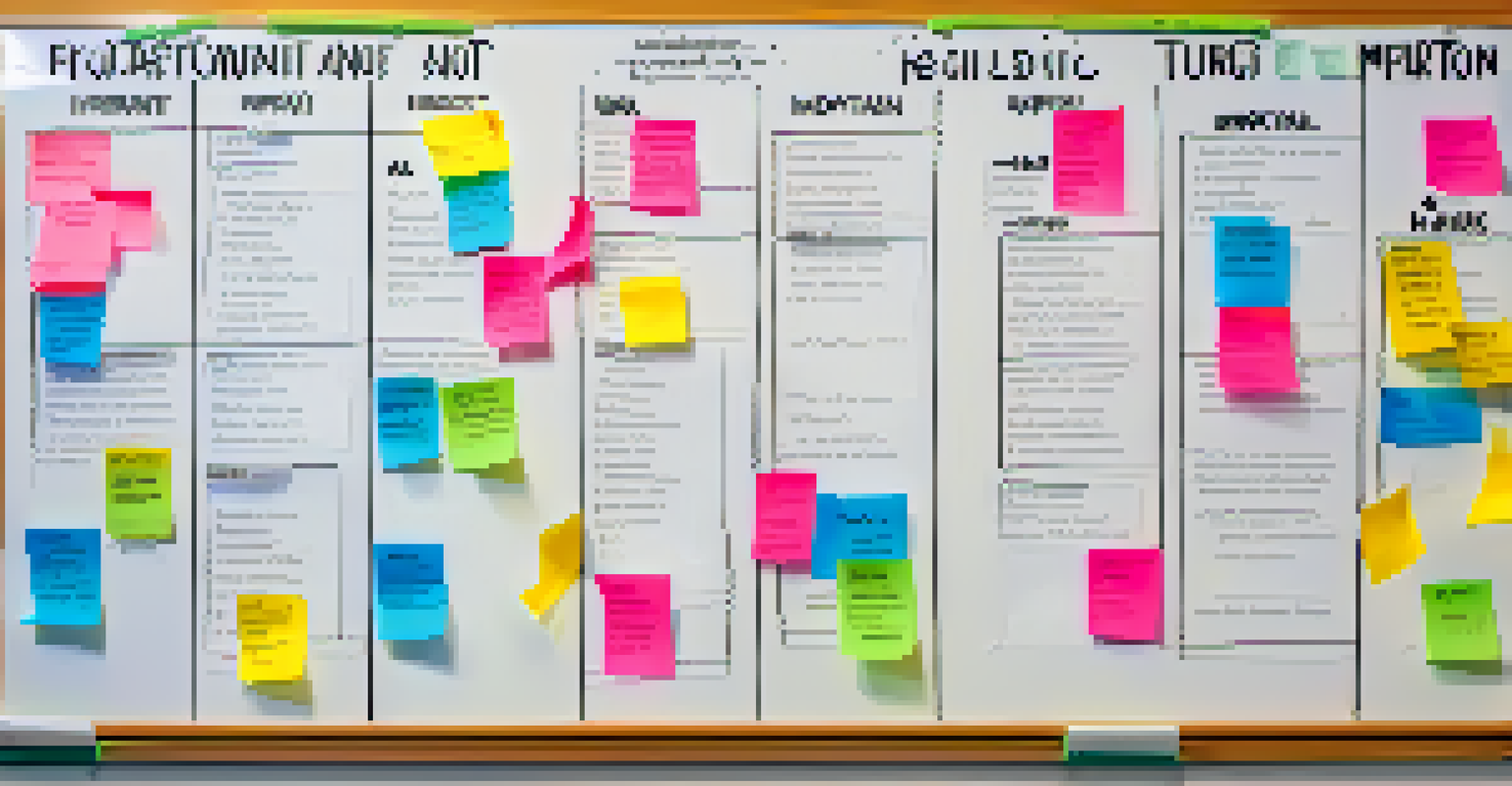 A whiteboard displaying the Eisenhower Matrix with colorful sticky notes categorizing tasks into four quadrants.