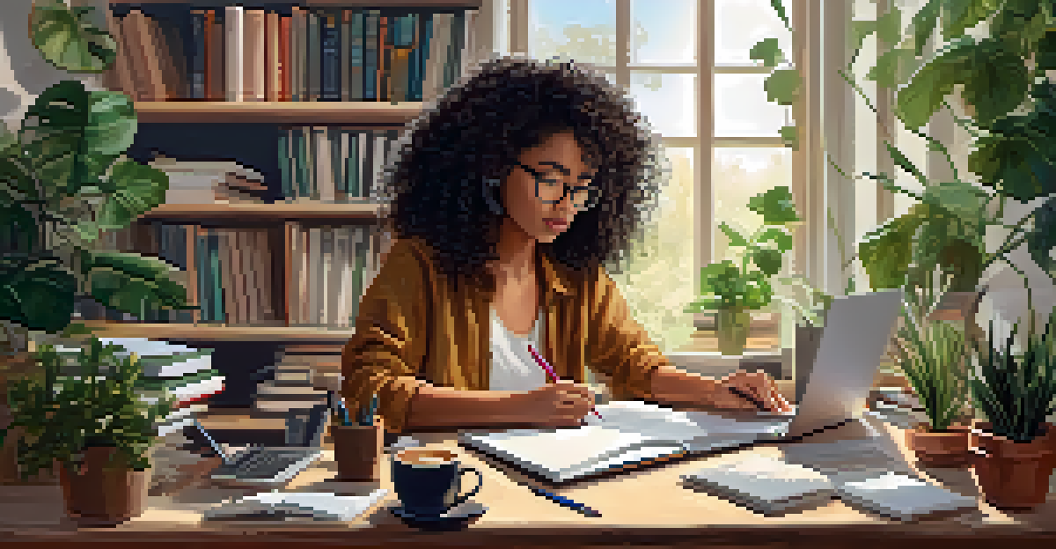 A student sitting at a desk with books and a laptop, focused on taking notes. A smartphone is placed aside to avoid distractions, emphasizing the concept of single-tasking.