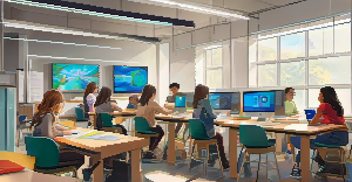 A vibrant classroom where students are engaged with AI learning tools on their laptops, with a teacher facilitating the session.