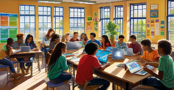 A diverse group of students collaborating in a bright classroom filled with educational materials and natural light.