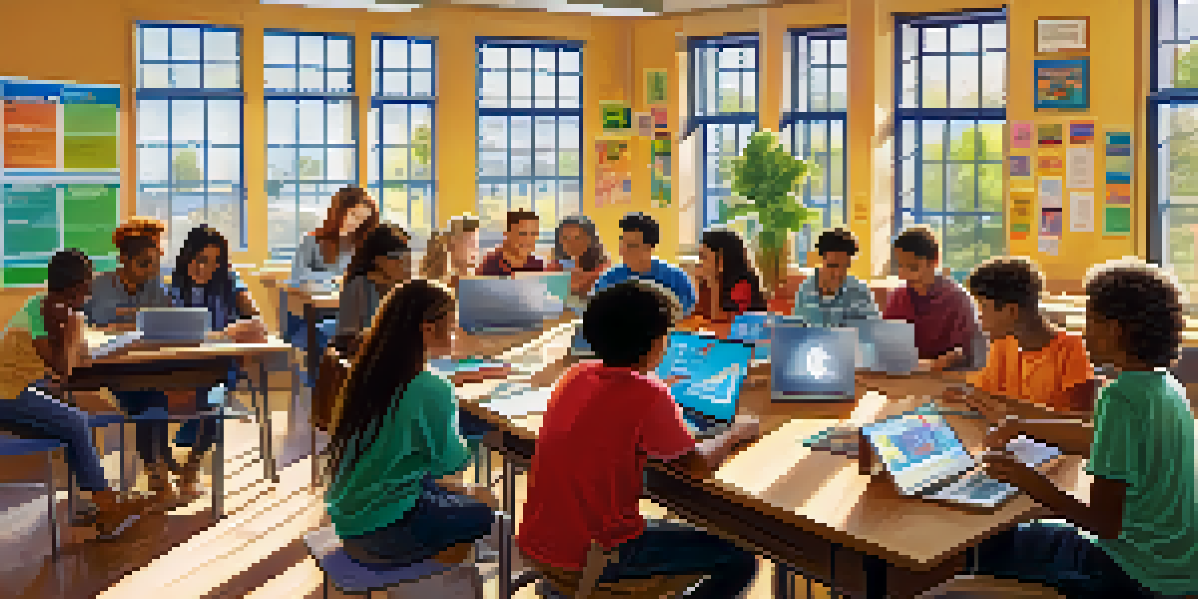 A diverse group of students collaborating in a bright classroom filled with educational materials and natural light.