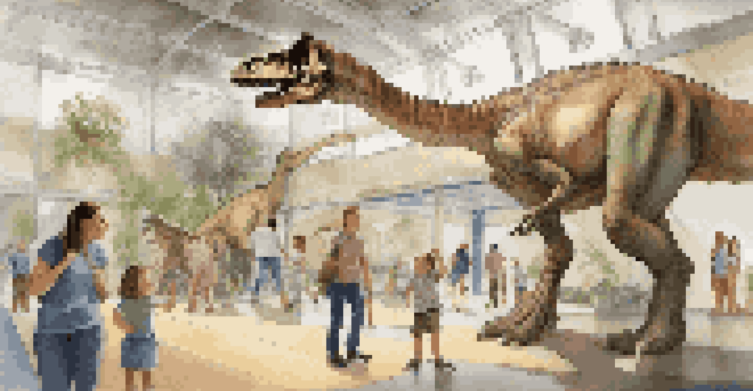 A parent and child excitedly exploring a dinosaur exhibit at a museum, surrounded by other visitors.