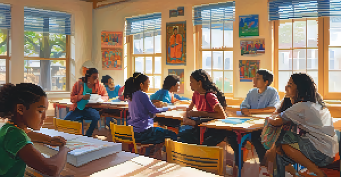 A classroom filled with students of different ethnicities working together on a cultural project with a cultural expert guiding them.
