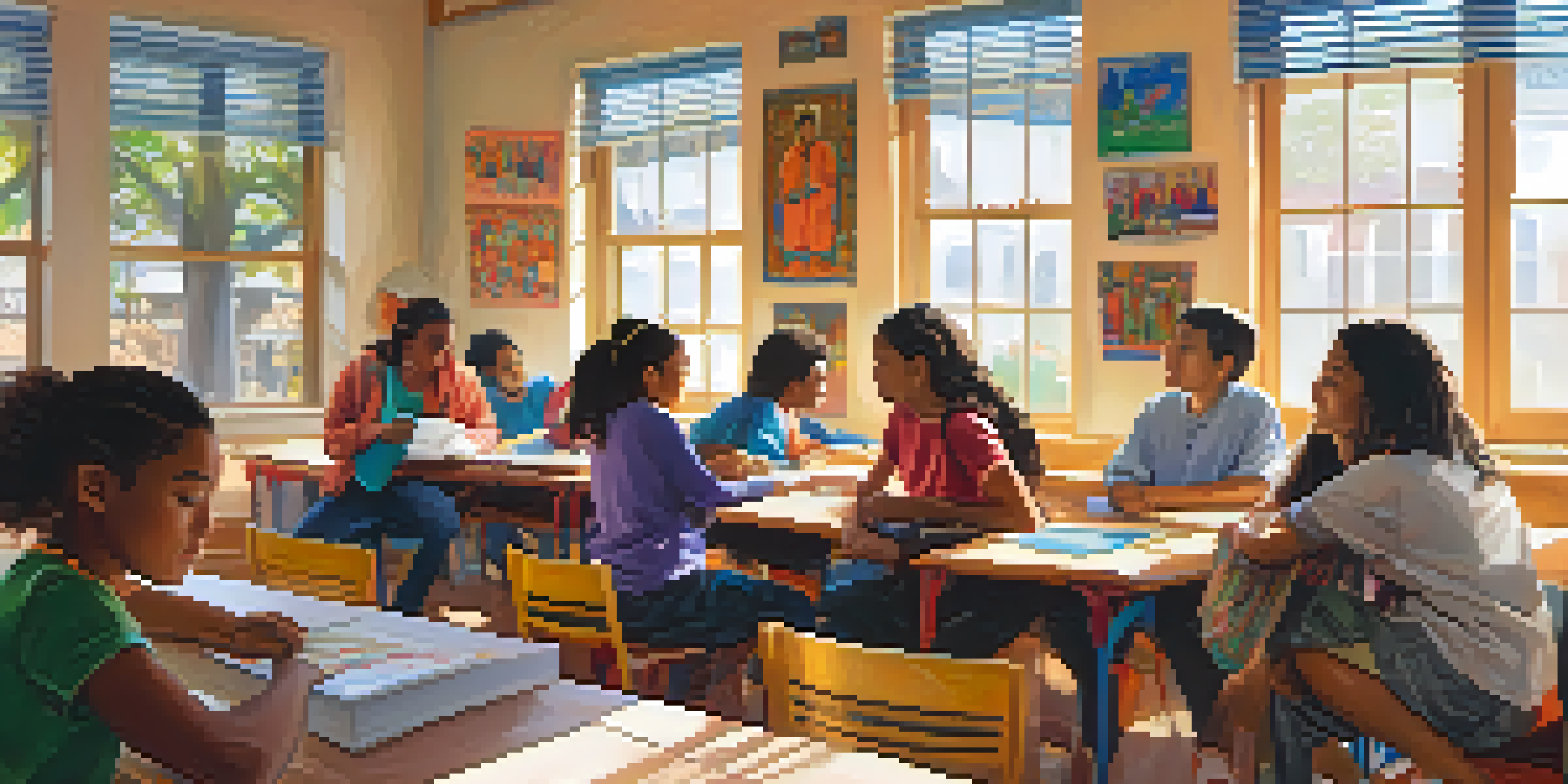 A classroom filled with students of different ethnicities working together on a cultural project with a cultural expert guiding them.