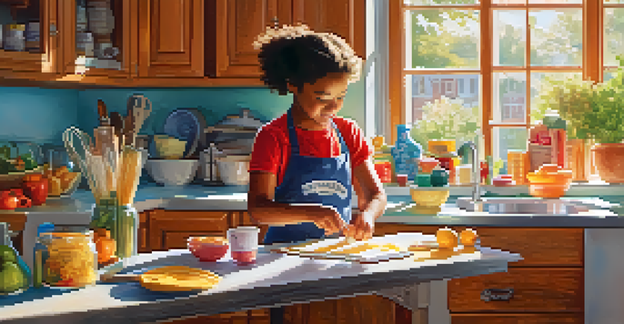 A parent and child in a sunny kitchen, measuring ingredients for baking, with a recipe book open.