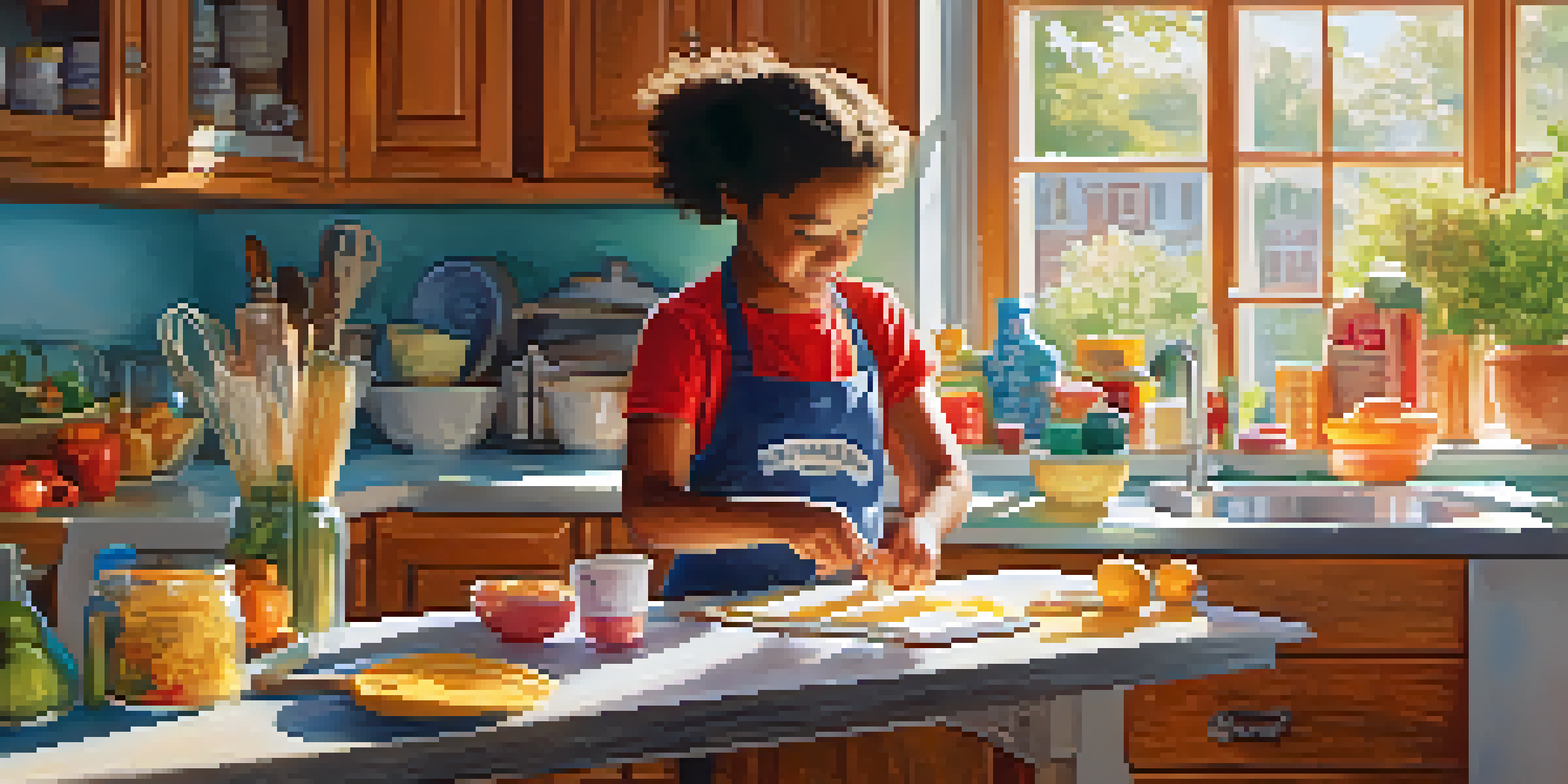 A parent and child in a sunny kitchen, measuring ingredients for baking, with a recipe book open.