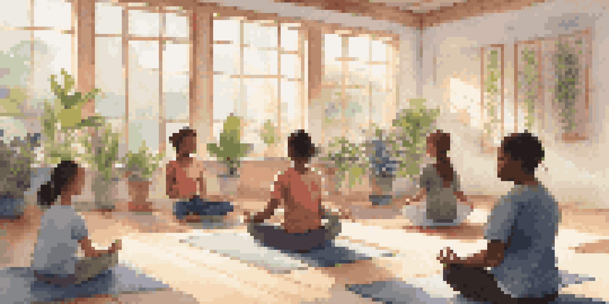 A group of diverse students practicing mindfulness in a bright classroom, sitting on yoga mats with eyes closed.