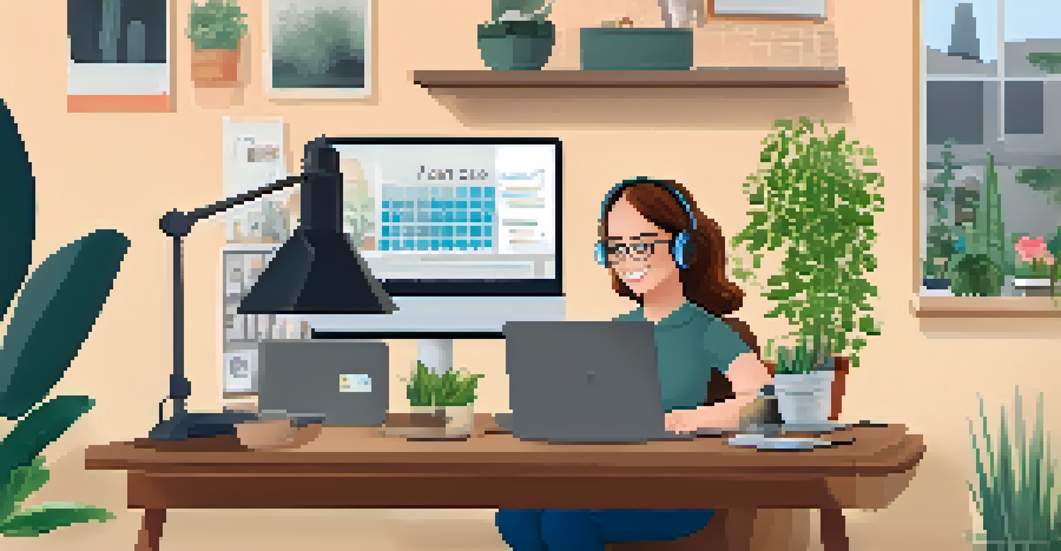 A woman with a disability using adaptive technology at her home office desk to participate in an online CPD program, surrounded by plants and motivational posters.