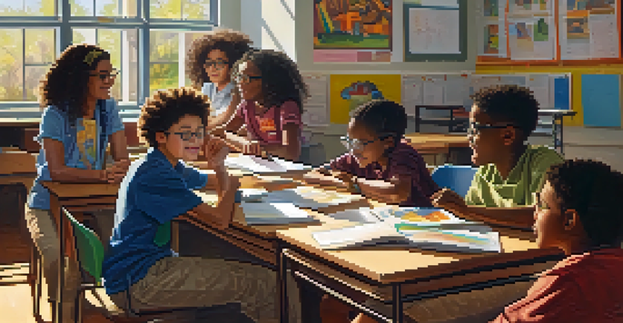 A classroom with diverse students collaborating on a project at a round table, illuminated by sunlight.