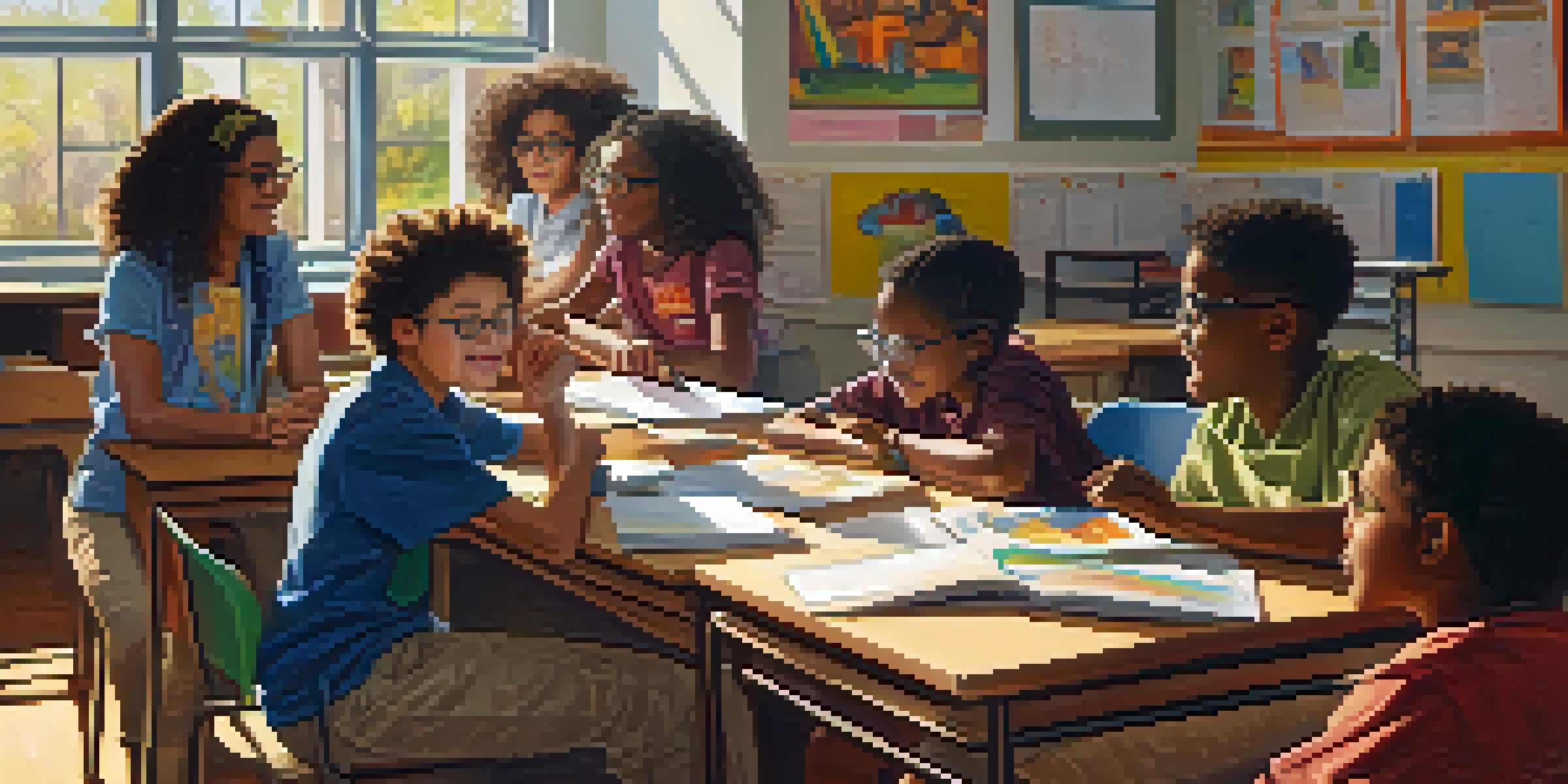 A classroom with diverse students collaborating on a project at a round table, illuminated by sunlight.