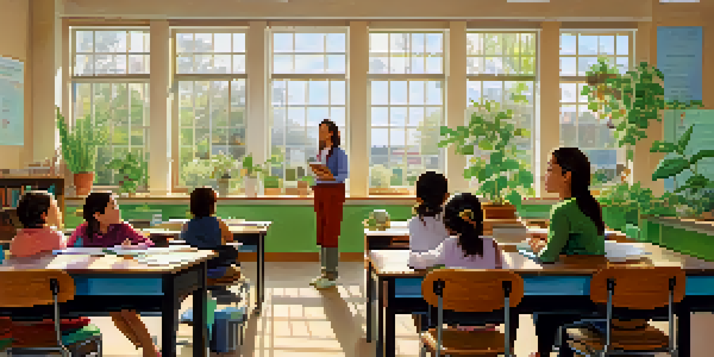 A tranquil classroom where a teacher practices breathing exercises while students engage in quiet reflection, illuminated by soft natural light.