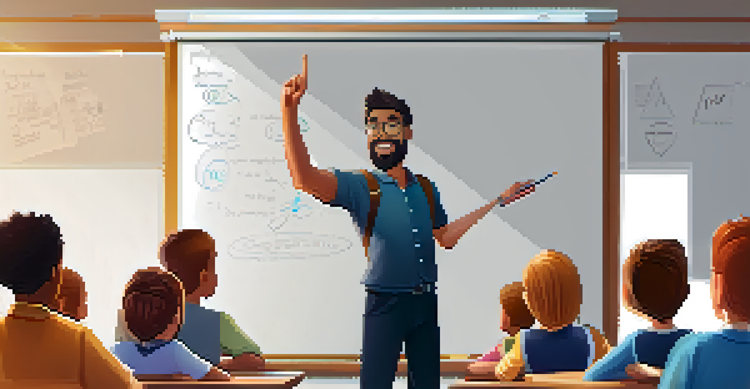 An enthusiastic teacher explaining a concept to a diverse group of engaged students in a modern classroom.