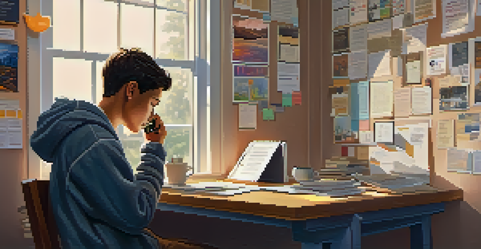A student reflecting while looking at their phone, surrounded by motivational quotes in a cozy room.