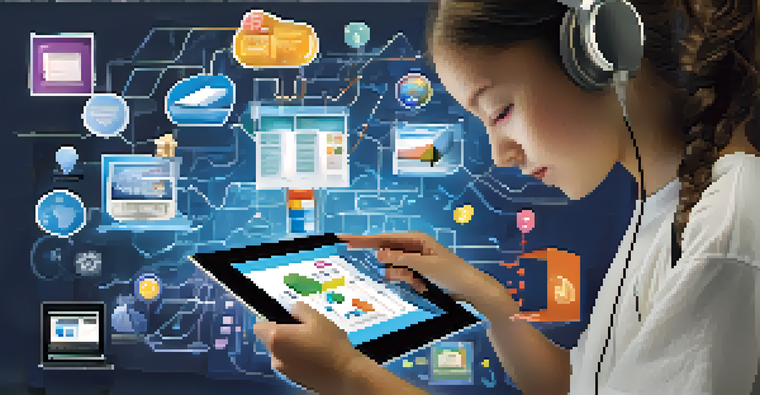 A student interacting with a tablet displaying educational content, surrounded by digital icons representing technology in learning.