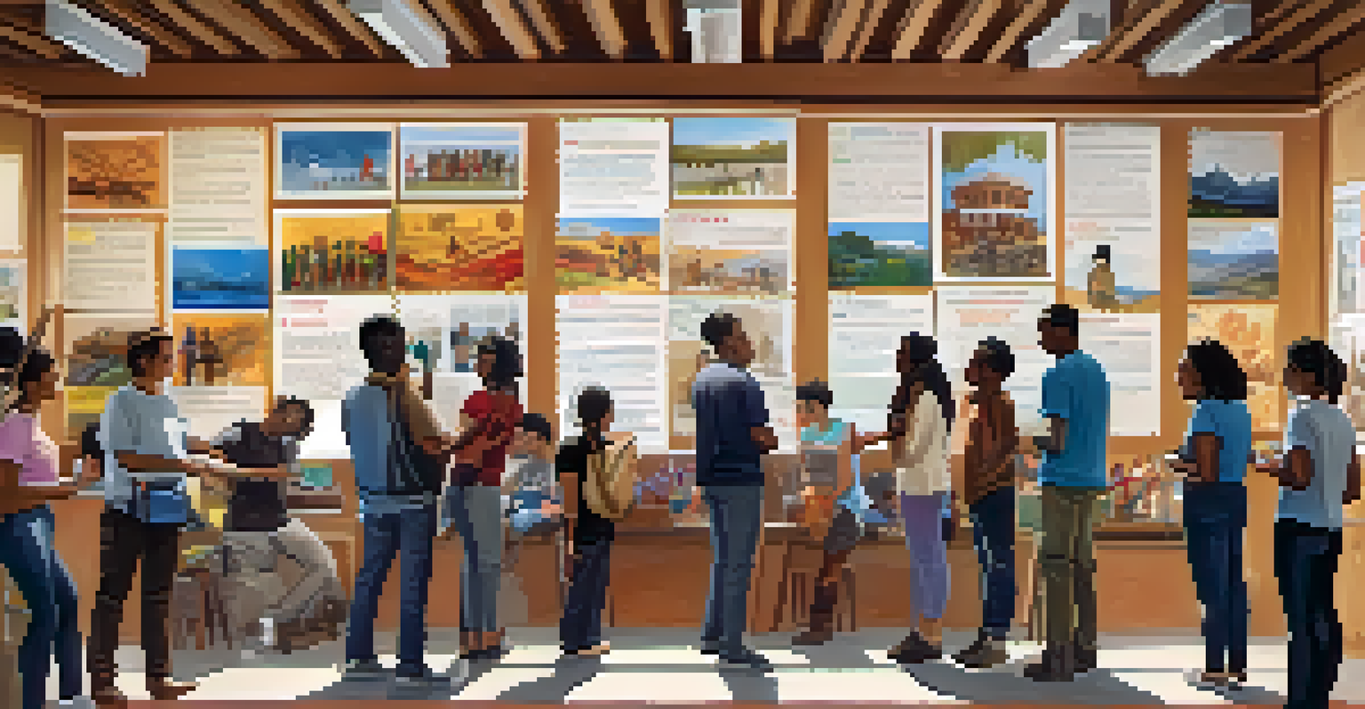 A workshop setting with diverse participants involved in activities aimed at promoting intercultural understanding, surrounded by cultural posters and displays under natural light.