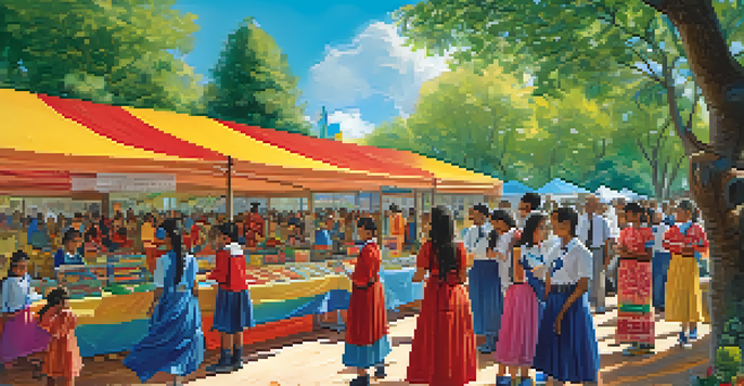 A lively cultural fair at a school with students from various backgrounds showcasing traditional clothing and food at colorful booths.