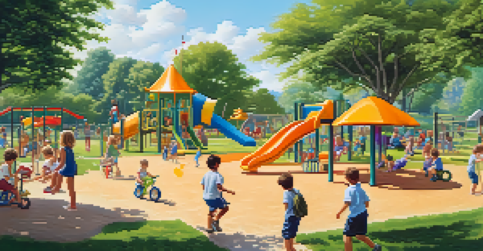 Children enjoying a sunny outdoor playground, engaging in various activities like climbing, playing in the sand, and riding tricycles.