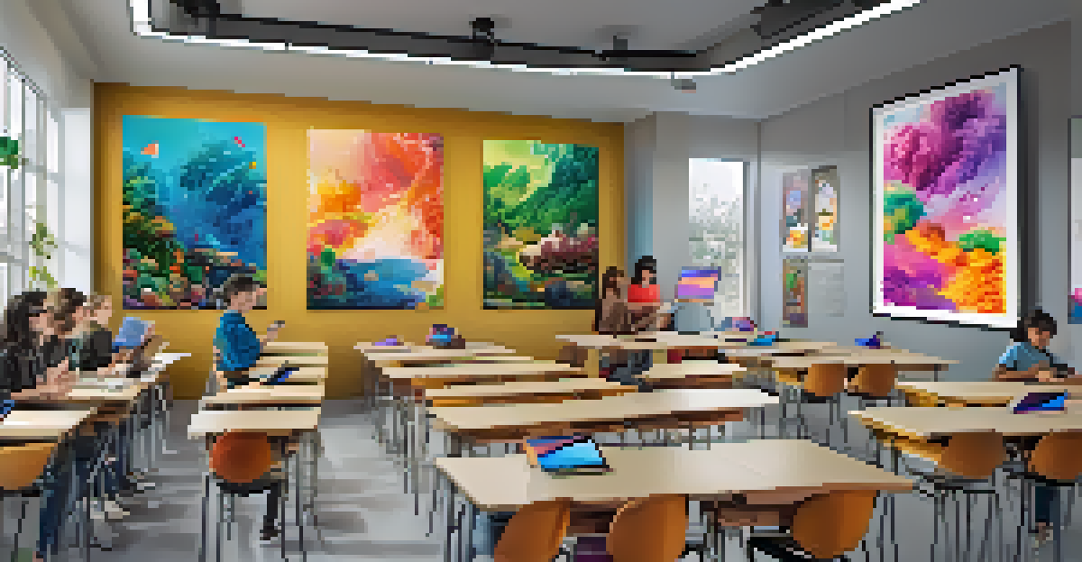 Students in a modern classroom using tablets to create digital posters about sustainability, with colorful artwork on the walls.