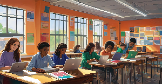 A diverse group of students in a classroom, working together on laptops while analyzing news articles, with posters on the walls promoting critical thinking.