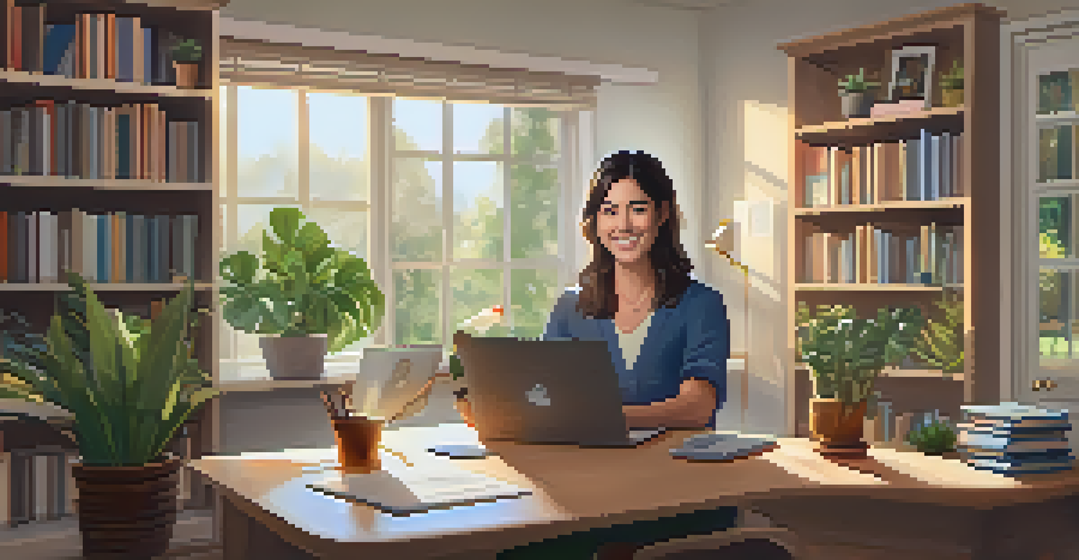 An instructor in a home office setting, smiling and interacting with students on screen during a virtual class.