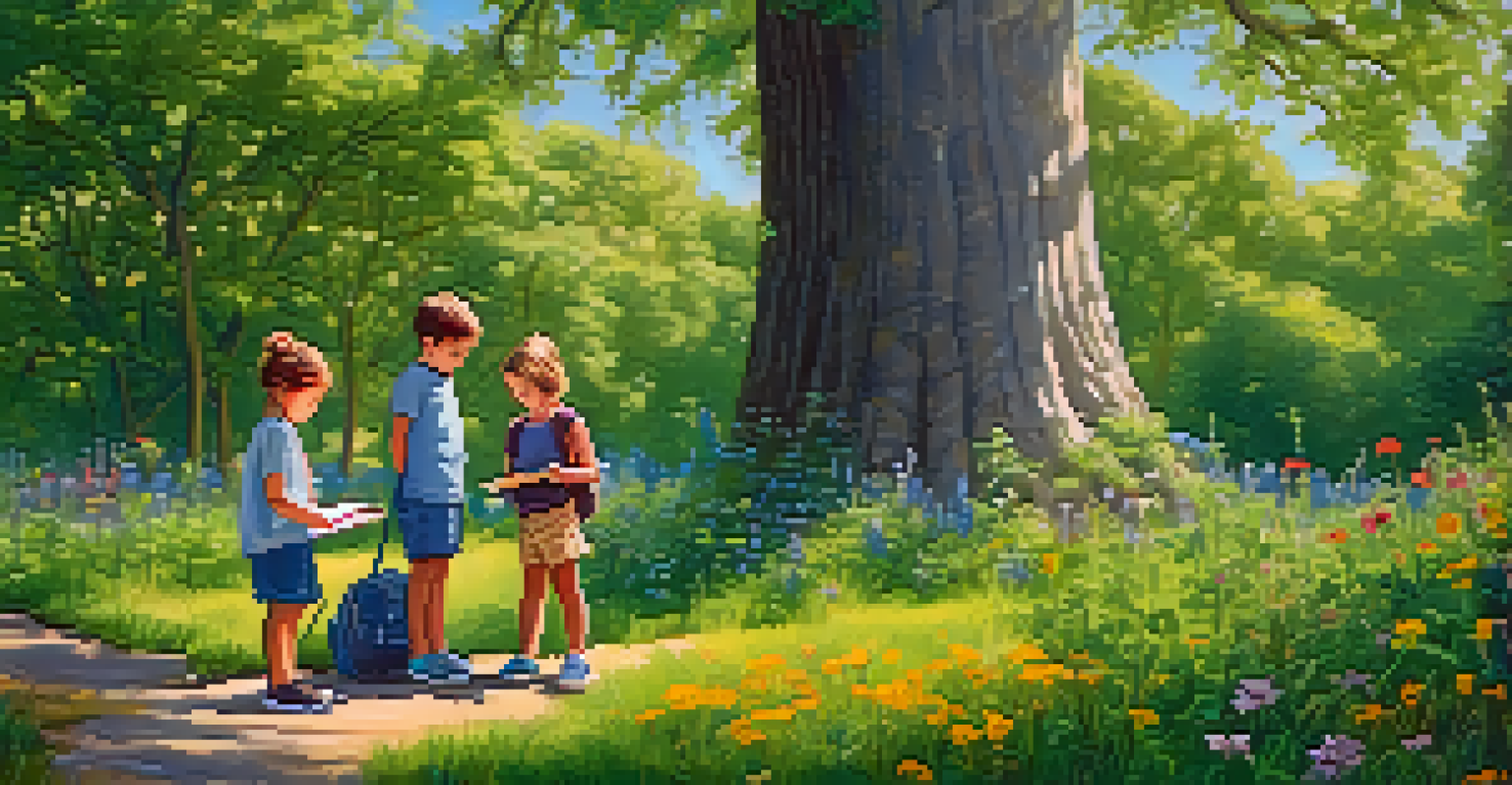 Children measuring a tree and sketching it in a park, surrounded by vibrant flowers and greenery.