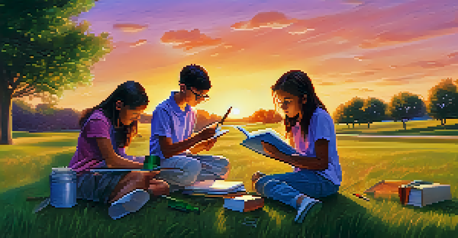 Students conducting a science experiment outdoors with tools and notebooks, surrounded by nature at sunset.