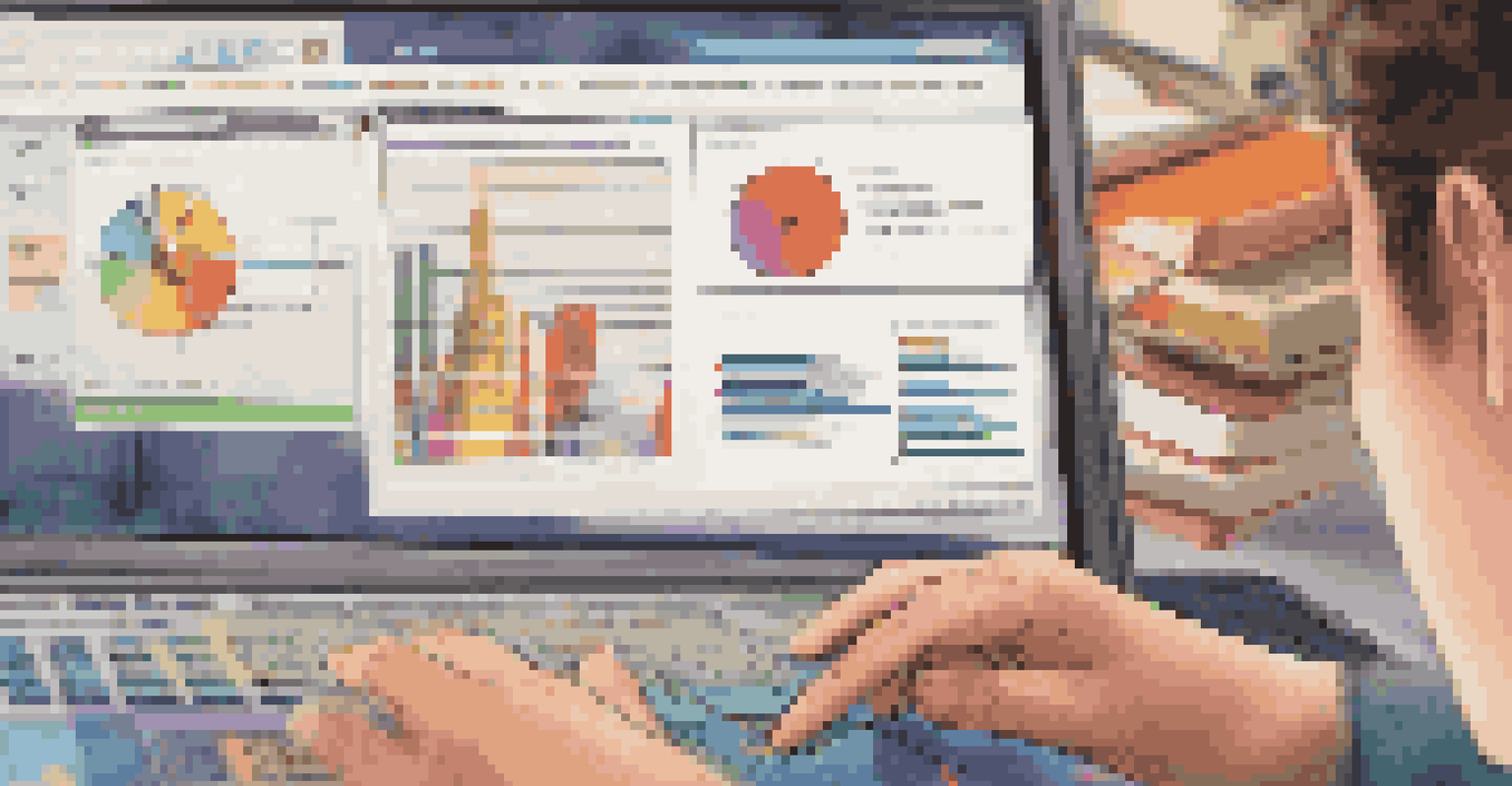 A student's hands using a digital device to create an interactive presentation, with colorful graphics related to a historical event in the background.