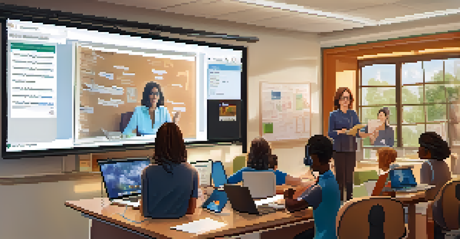 A teacher facilitating a blended learning session with digital devices and students on a video chat.