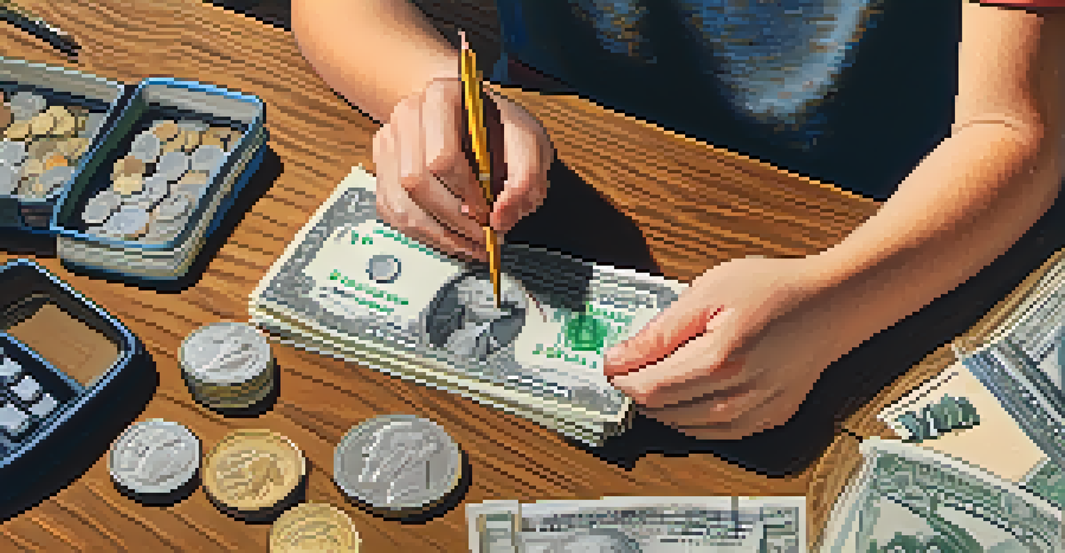 A teenager organizing coins and bills on a wooden table, with a notebook showing a savings plan beside them.