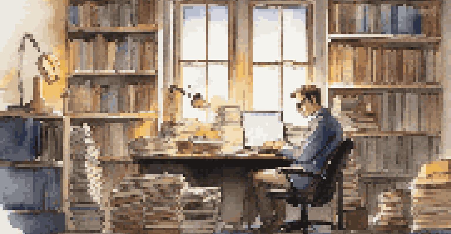 An academic professional reading a research paper at a desk with books and a laptop.