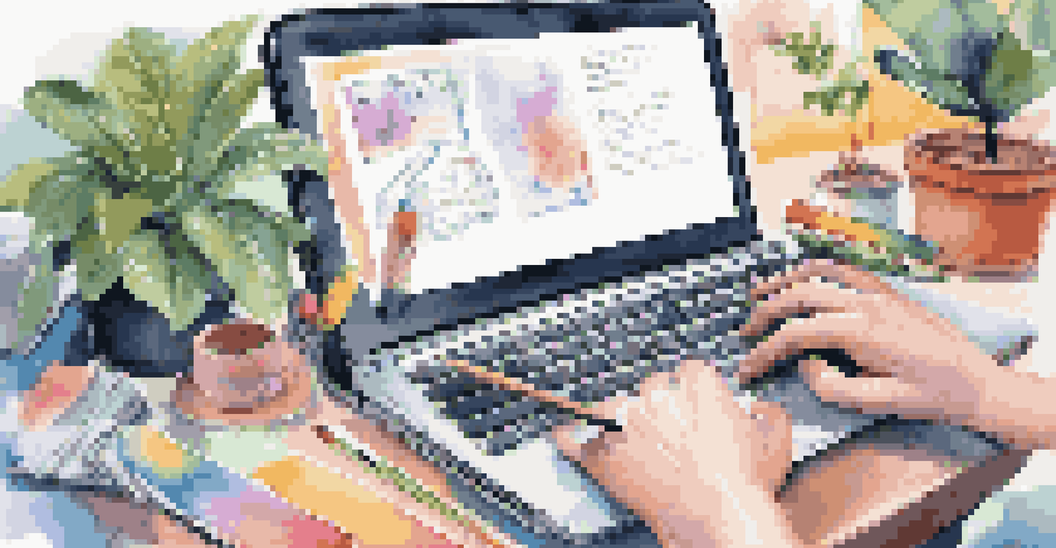 A close-up of a student typing on a laptop in a colorful and motivational study space.