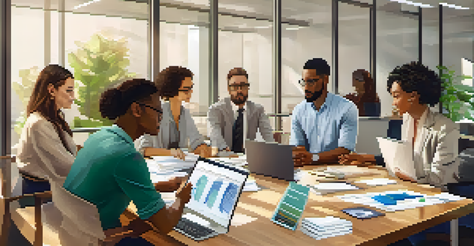 A diverse group of professionals collaborating in a bright office meeting, discussing ideas around a large table.