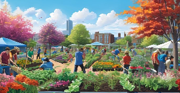 Students and community members working together in a colorful community garden filled with flowers and vegetables under a blue sky.
