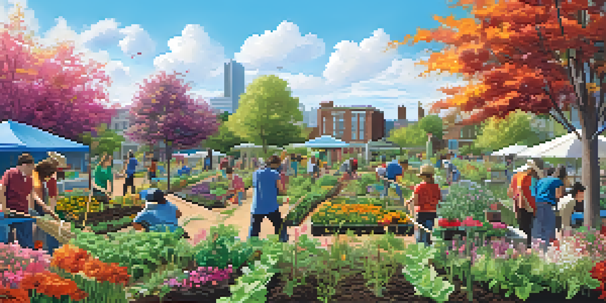 Students and community members working together in a colorful community garden filled with flowers and vegetables under a blue sky.