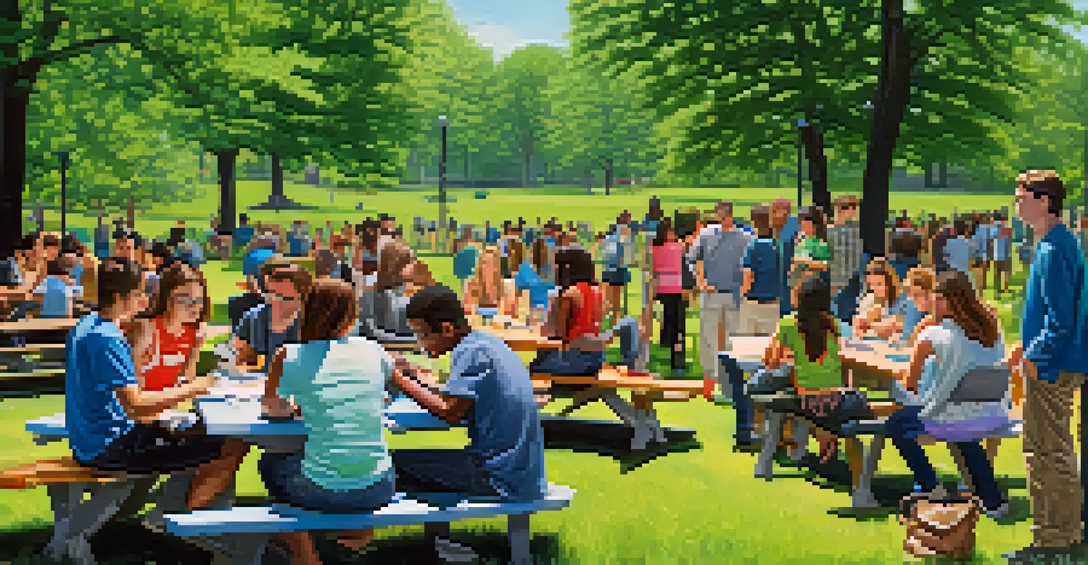 A group of students and mentors discussing at a picnic table in a park during an outdoor mentoring event.