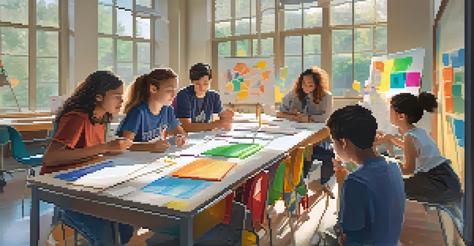 A diverse group of students working together in a classroom, sketching ideas and discussing an engineering design project with tools and materials around them.