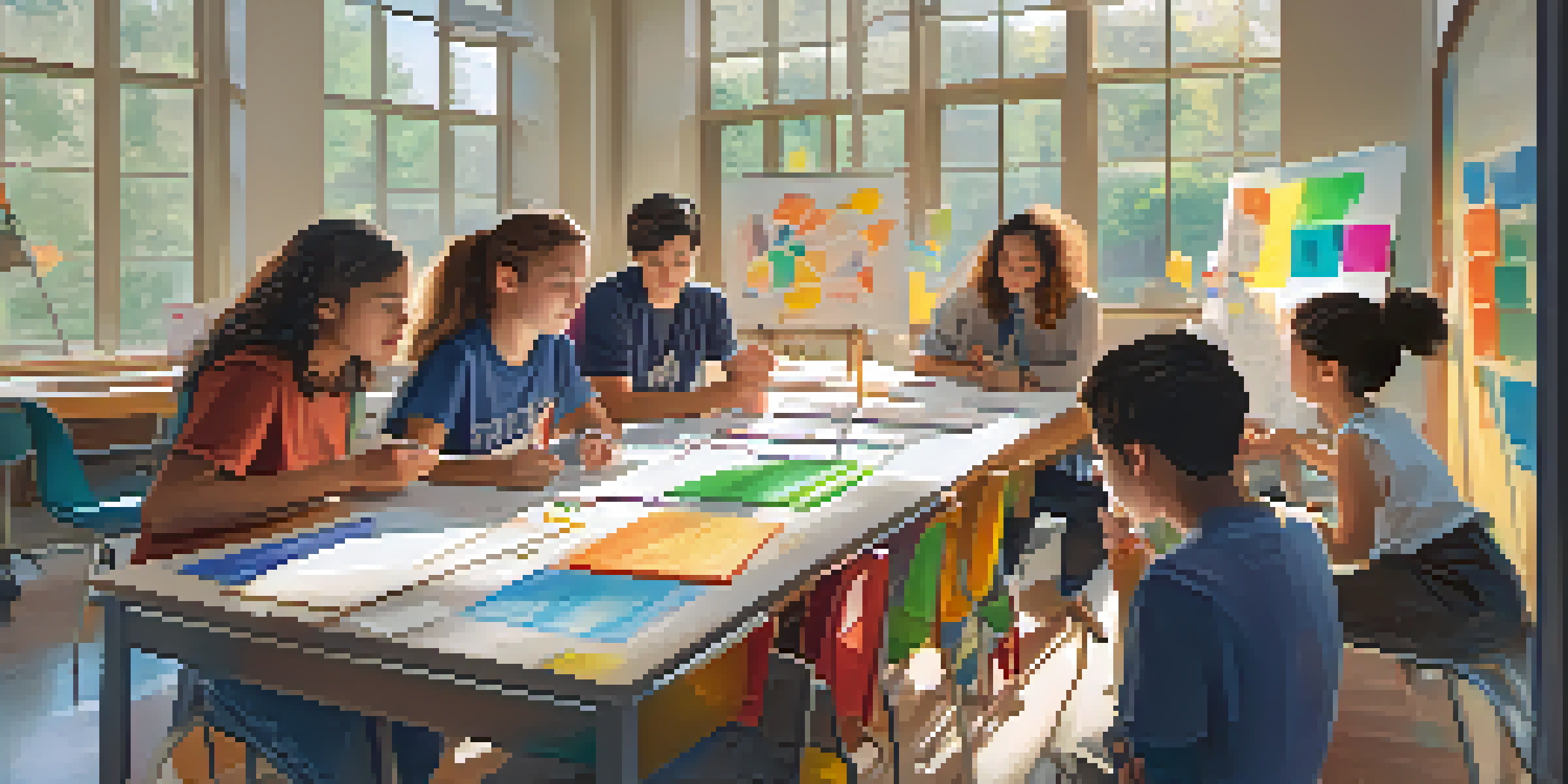 A diverse group of students working together in a classroom, sketching ideas and discussing an engineering design project with tools and materials around them.